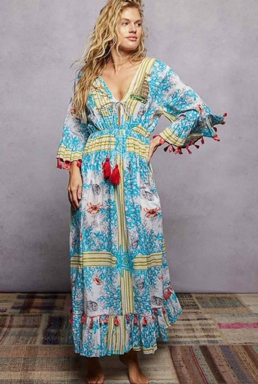 POL - Beach Inspired Pattern Ruffle Sleeve Tassel Maxi Dress - Small